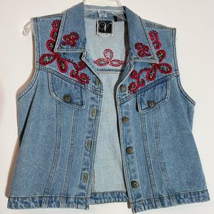 EUC Vintage Valencia Blue Denim Vest Red Embroidery Brass Studded Size Large